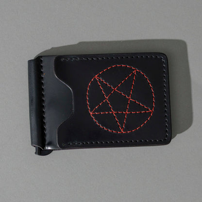 One-Off Capone Money Clip in Black Shell Cordovan with Red Pentagram Embroidery, open, showing interior, shot 1