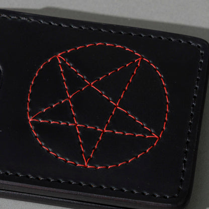 One-Off Capone Money Clip in Black Shell Cordovan with Red Pentagram Embroidery, close-up of the embroidery