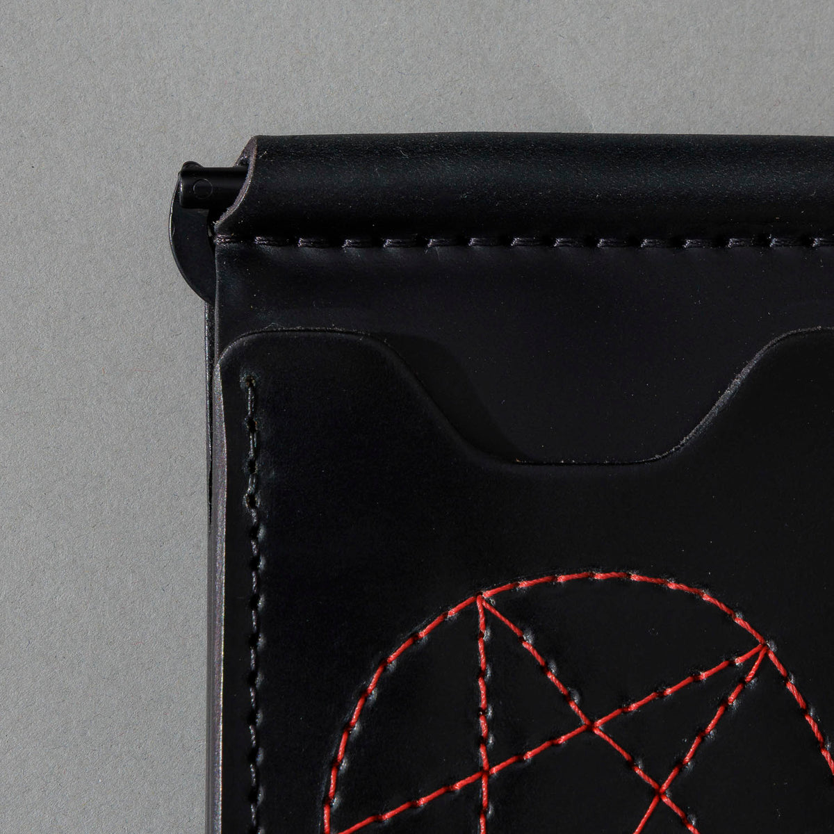 One-Off Capone Money Clip in Black Shell Cordovan with Red Pentagram Embroidery, close-up detail, shot 3