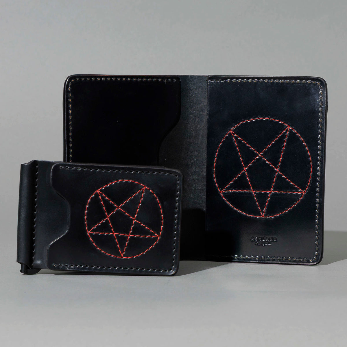 One-Off Traveler Passport Holder in Black Shell Cordovan with Red Pentagram Embroidery, open, showing interior, shot 1