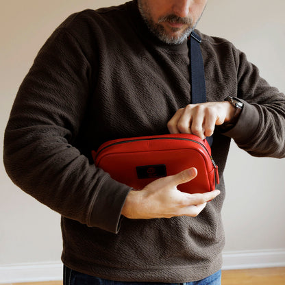 One-Off Sling Bag in Red Latigo, worn crossbody by a model, shot 3