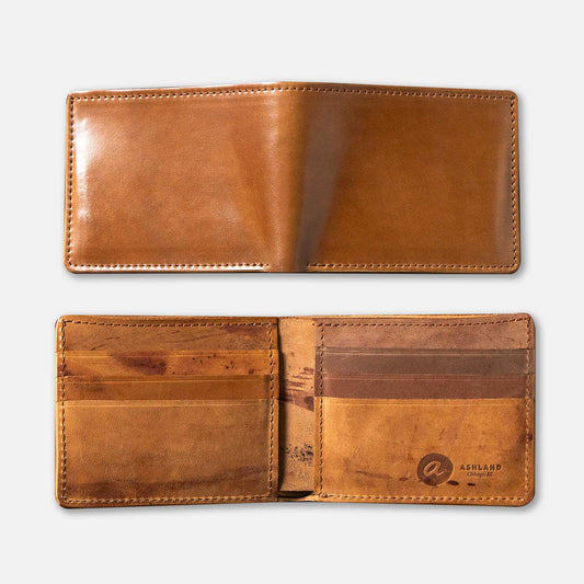 A brown bifold wallet made of Horween leather, with a simple and clean exterior.