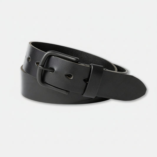 Black leather belt with a black buckle on a light background