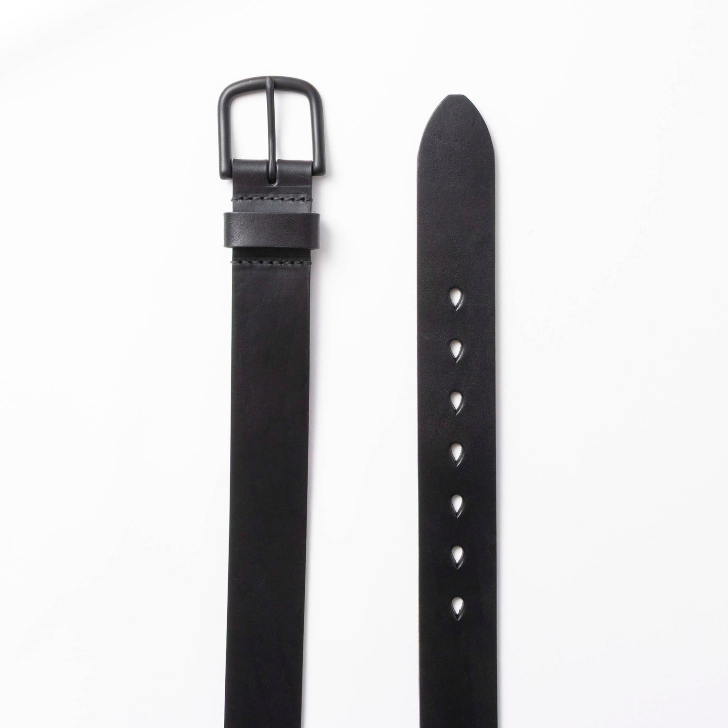 Black Ashland leather belt, black buckle and black tear-drop holes shown