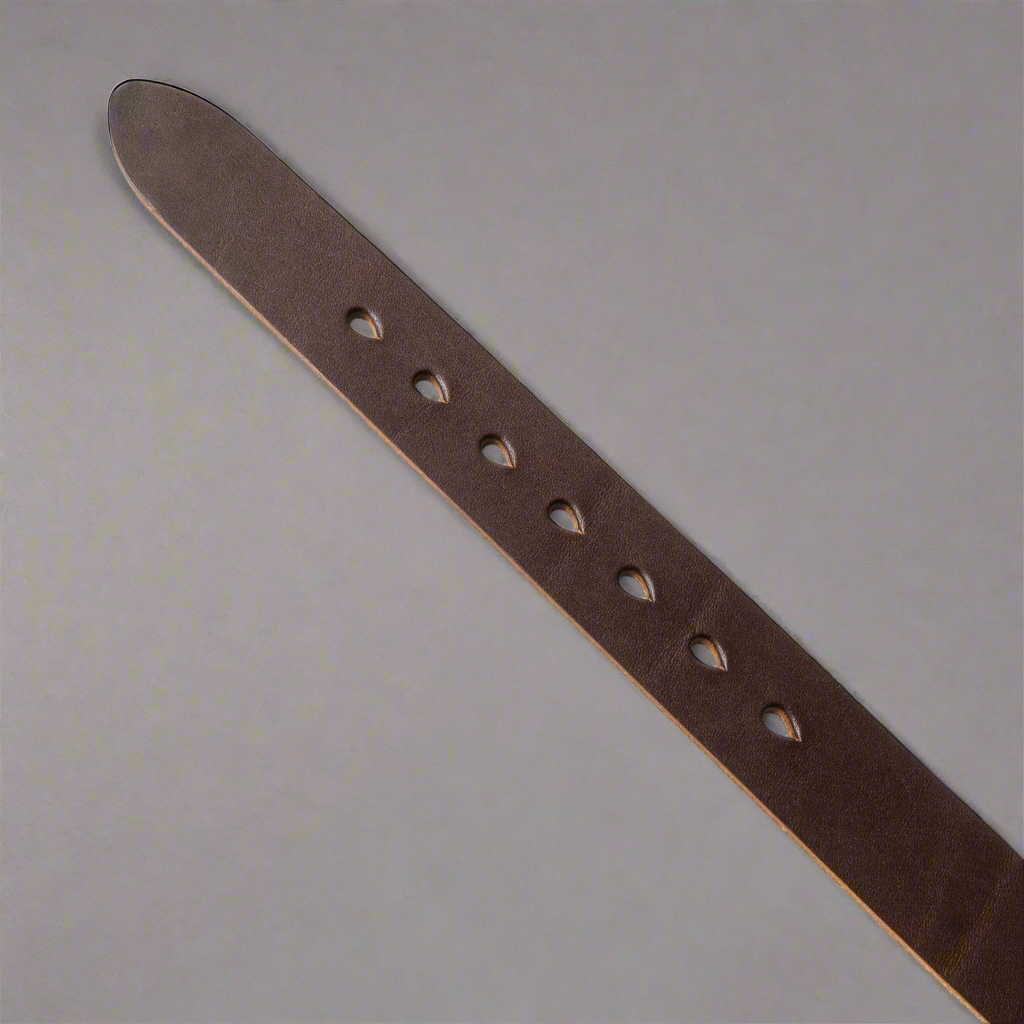 Brown leather belt with holes on a light gray background