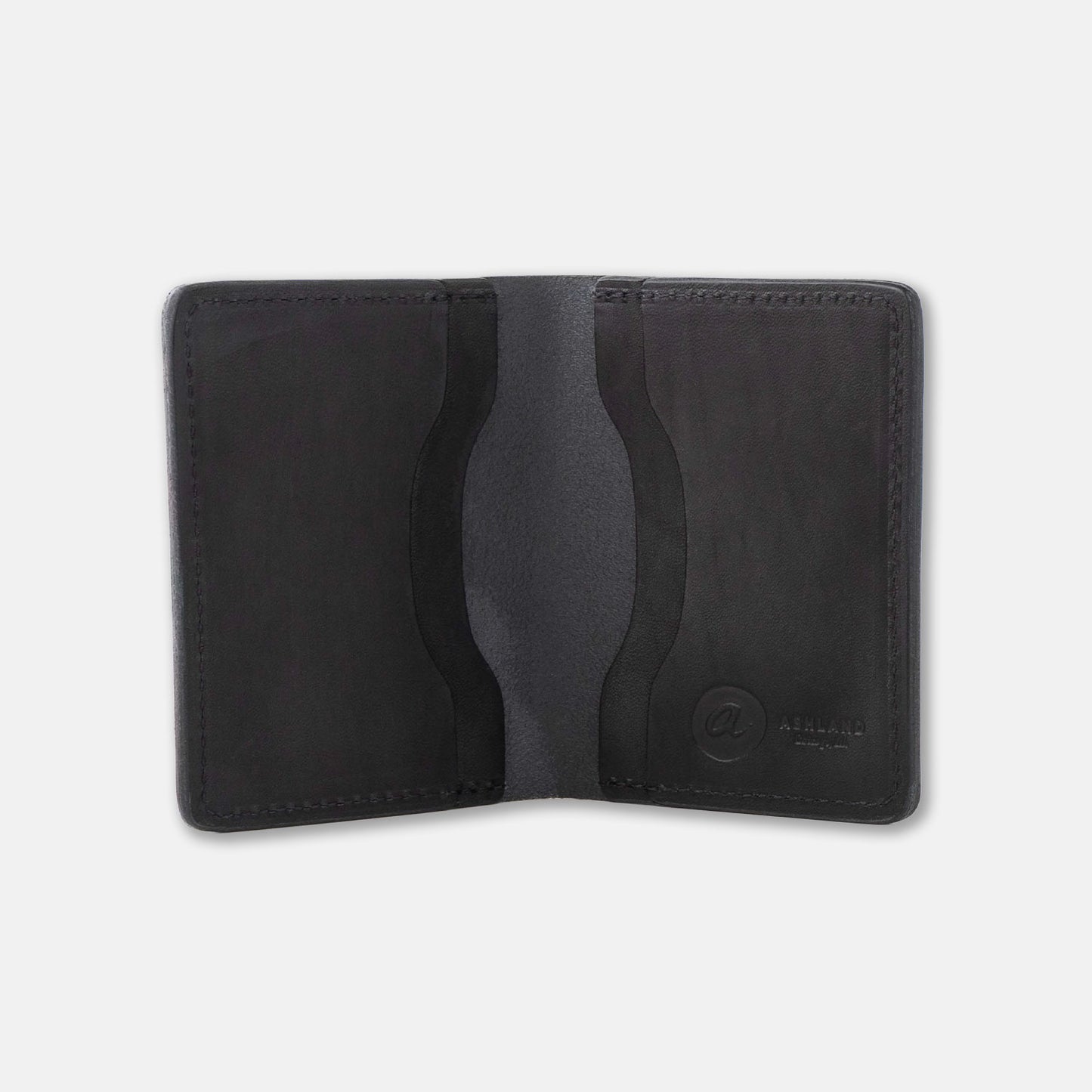 Black leather wallet with card slots on a light gray background