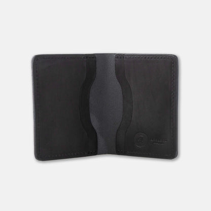 Black leather wallet with card slots on a light gray background