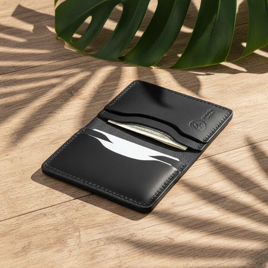 Black cardholder with a card inserted on a white background
