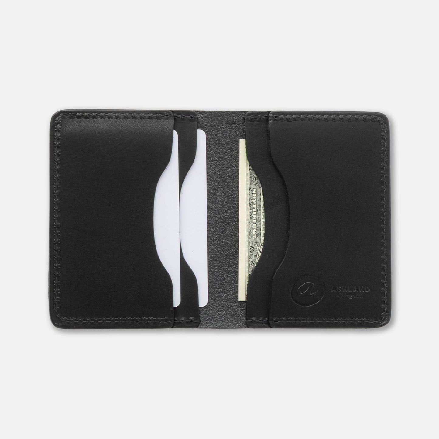 Black leather wallet with card slots on a white background