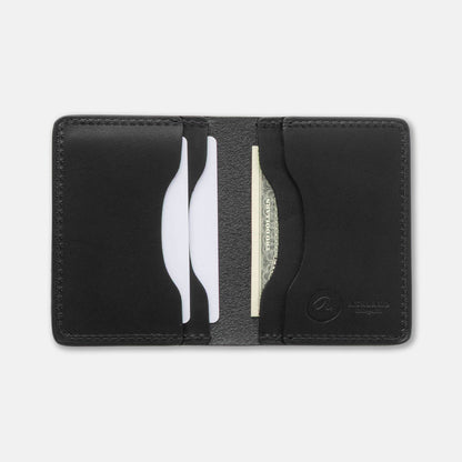 Black leather wallet with card slots on a white background