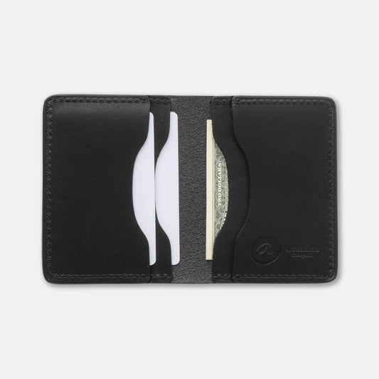 Black leather wallet with card slots on a white background