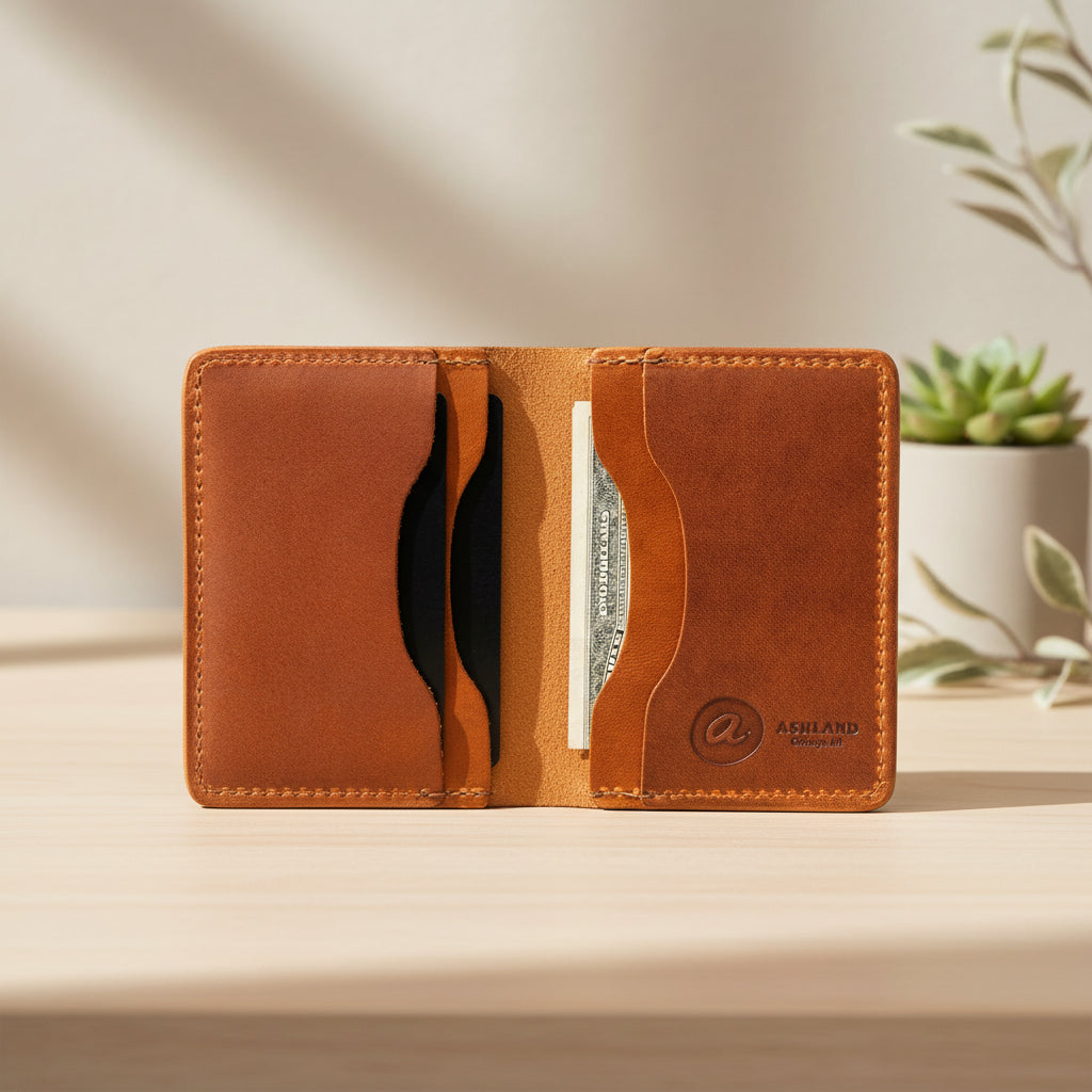 Brown leather wallet with card holder on a light surface with a plant in the background