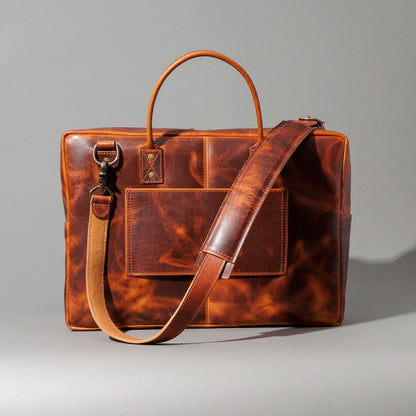 Ashland Leather Burnt Orange Cypress LaSalle Briefcase, front three-quarter view with top handle and shoulder strap