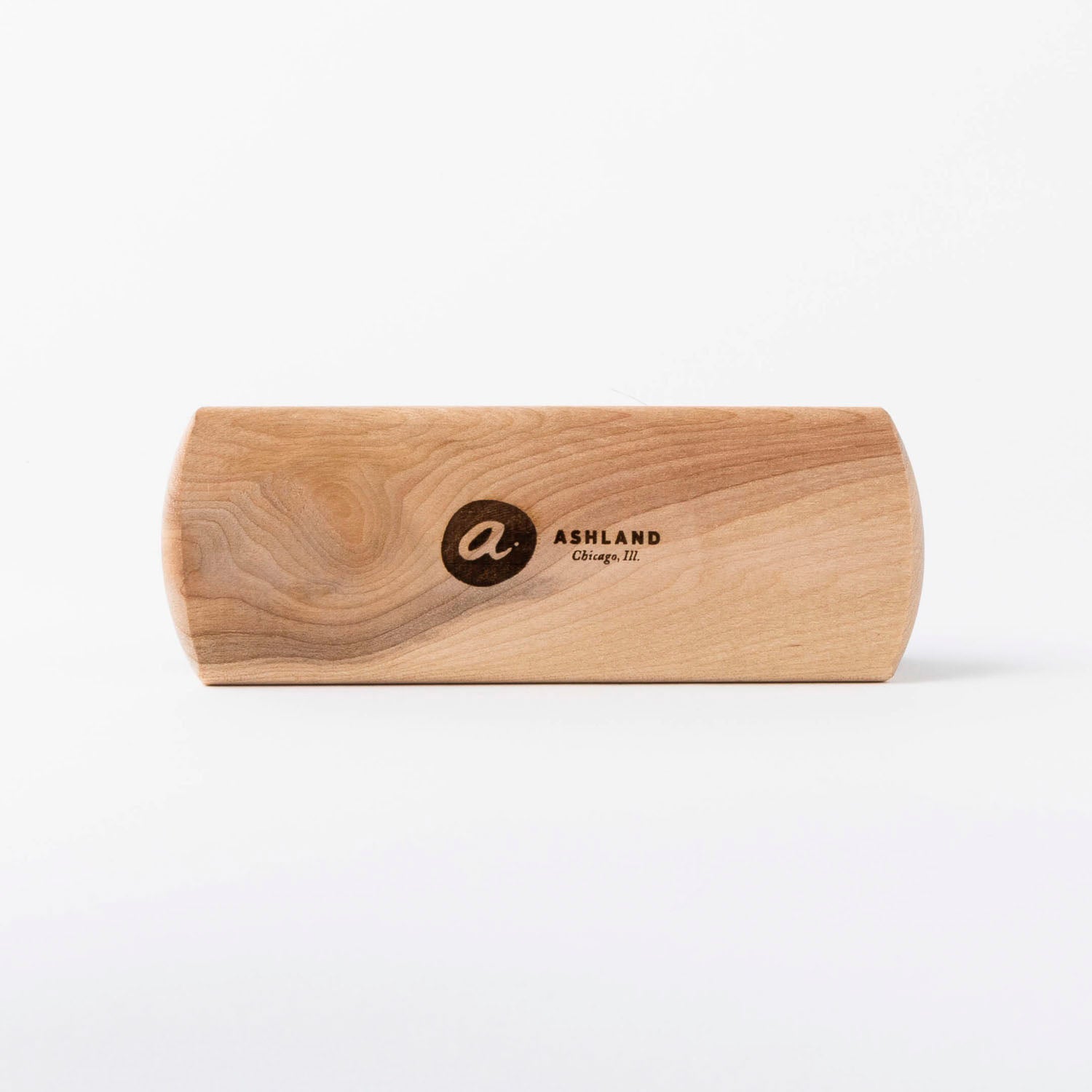 Wooden horsehair brush with a logo on a white background