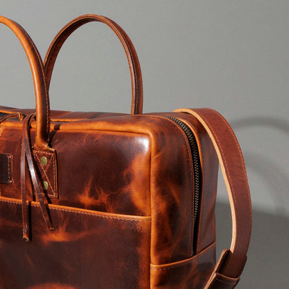 Ashland Leather Burnt Orange Cypress LaSalle Briefcase, front standing product shot with handle upright