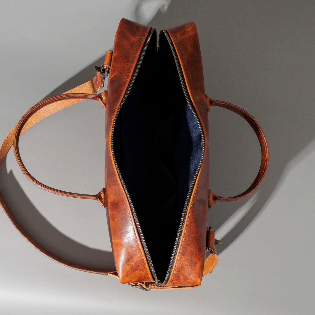 Top-down view into the open Ashland Leather LaSalle Briefcase showing the interior