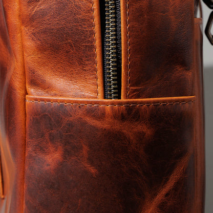Close-up of the top zipper and edge stitching on the Ashland Leather LaSalle Briefcase