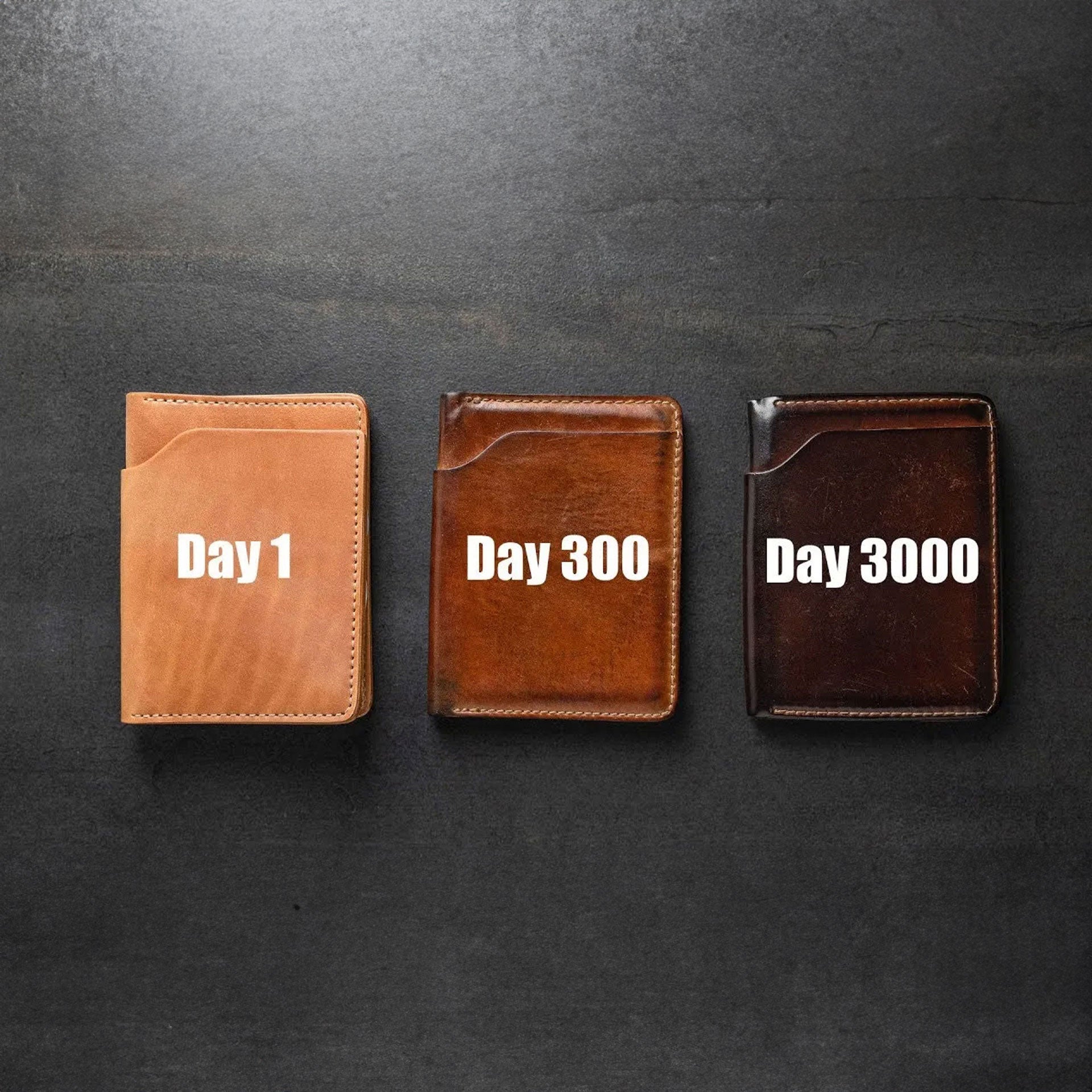Ashland Leather wallet patina progression from Day 1 to Day 300 to Day 3000