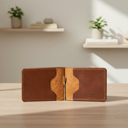 Brown leather wallet on a wooden surface with a blurred indoor background