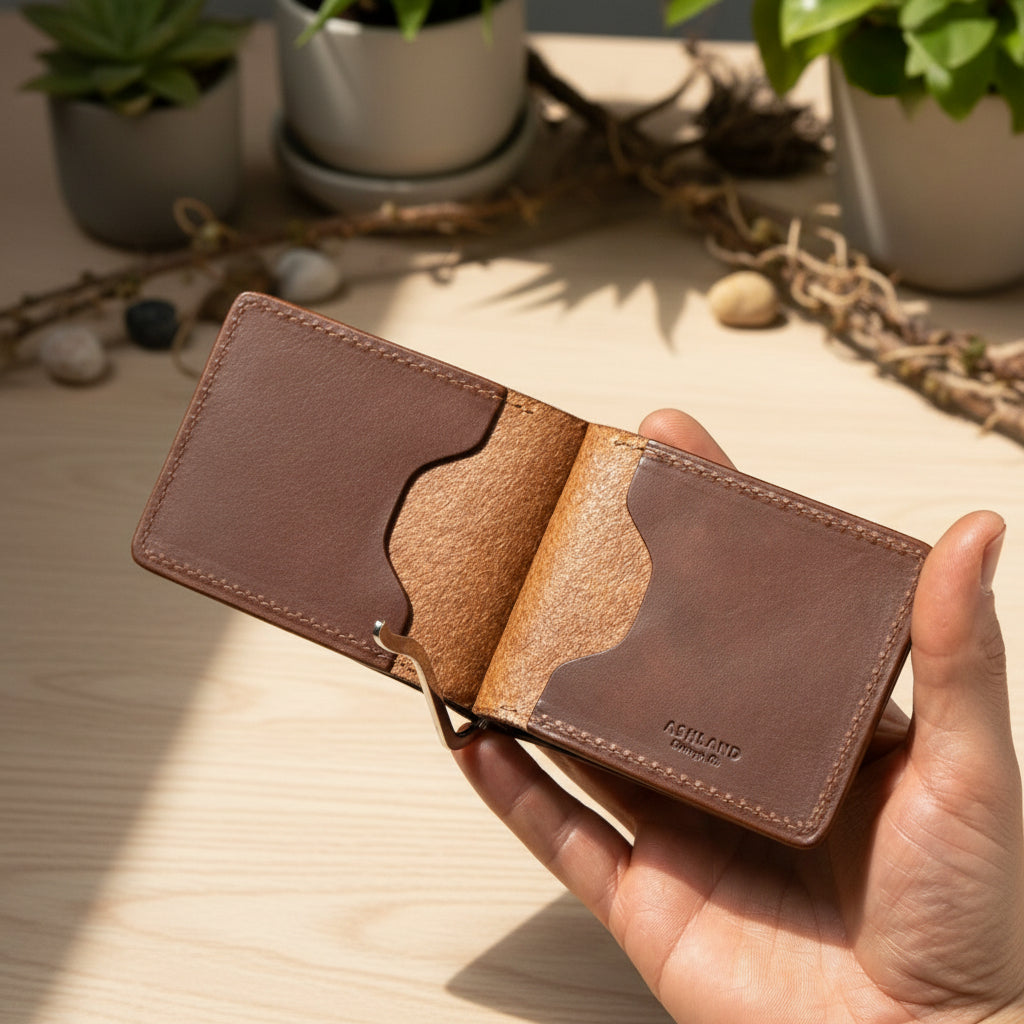 Brown leather wallet held in a hand against a dark background
