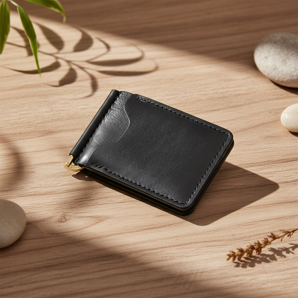 Black leather money clip on a wooden surface with natural light and plants.
