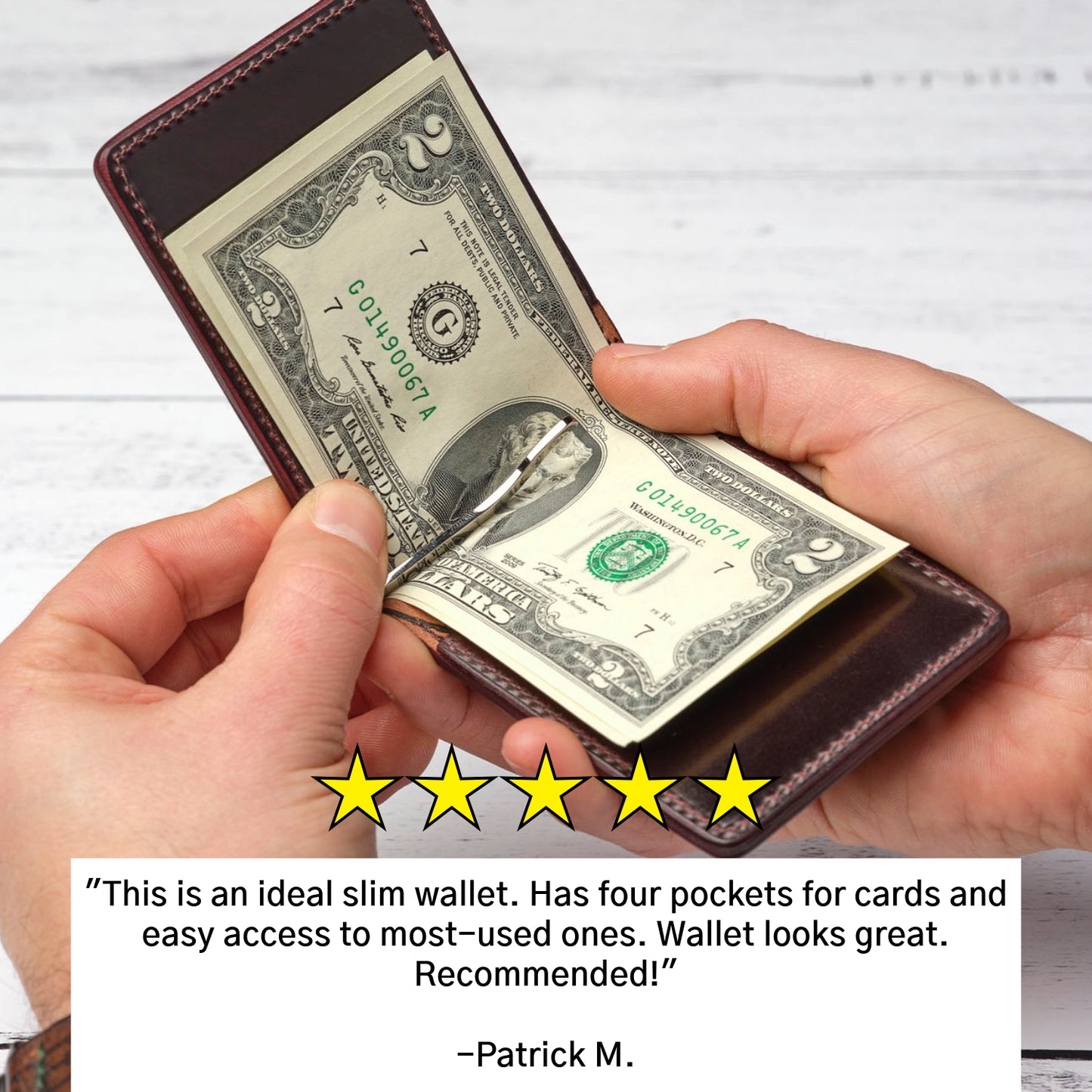 Five star review for Capone Money Clip: "This is the ideal slim wallet! Recommended!" -- Patrick M.