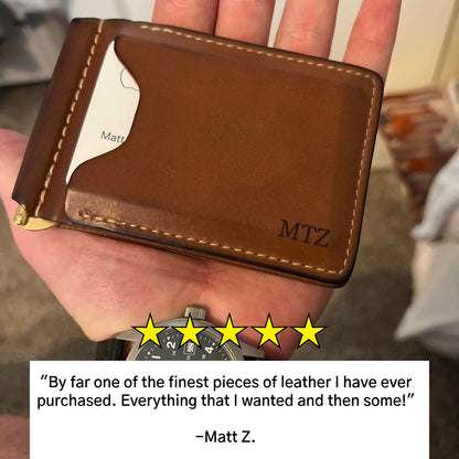 A worn Capone Money Clip with custom monogram "MTZ" and five-star review: "Everything I wanted, and then some!" -- Matt Z.