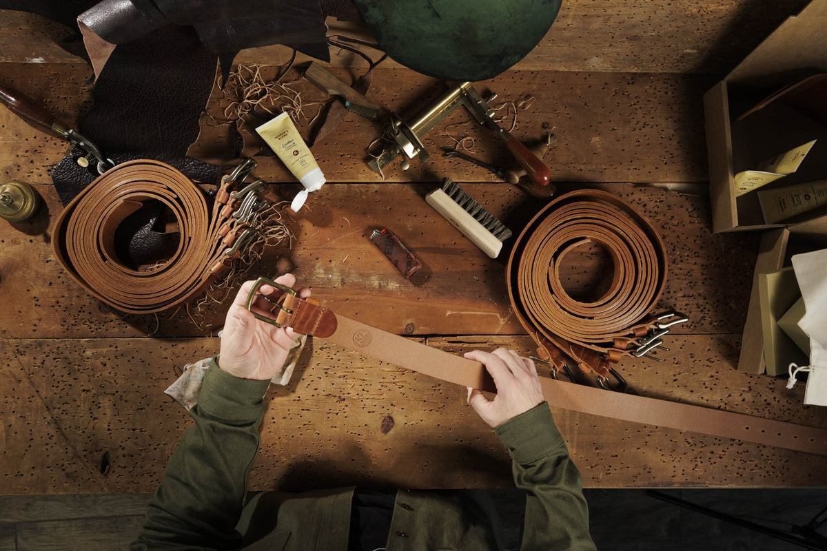 Horween leather belts in the Ashland workshop