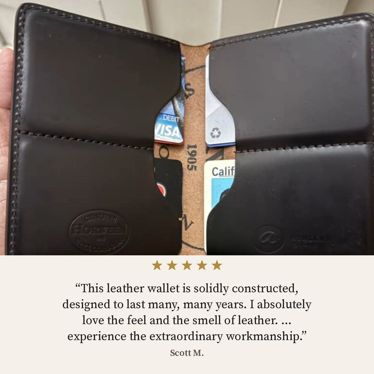 Five-star review from Scott M. over an open black Horween® Shell Cordovan Fat Herbie wallet with cards