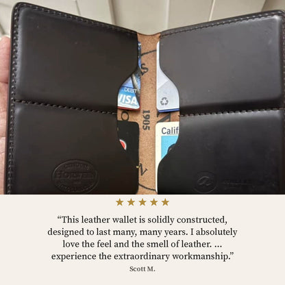 Five-star review from Scott M. over an open black Horween® Shell Cordovan Fat Herbie wallet with cards