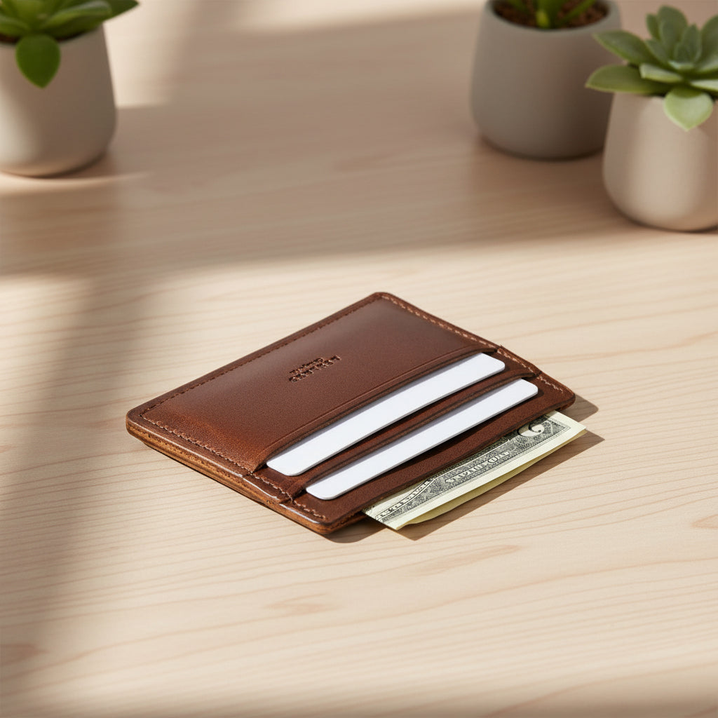 Brown leather wallet with cards and money on a wooden surface with plants in the background