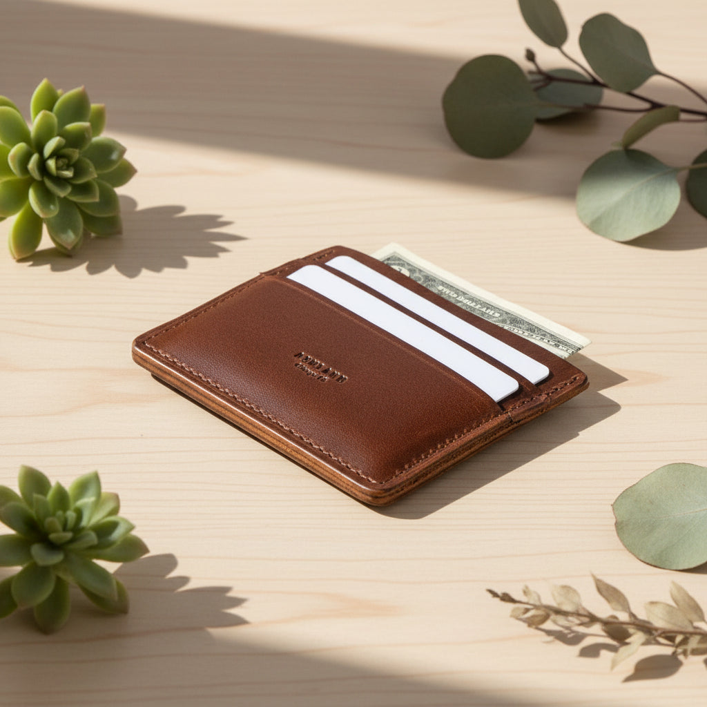 Brown leather wallet with cards and cash on a wooden surface with plants
