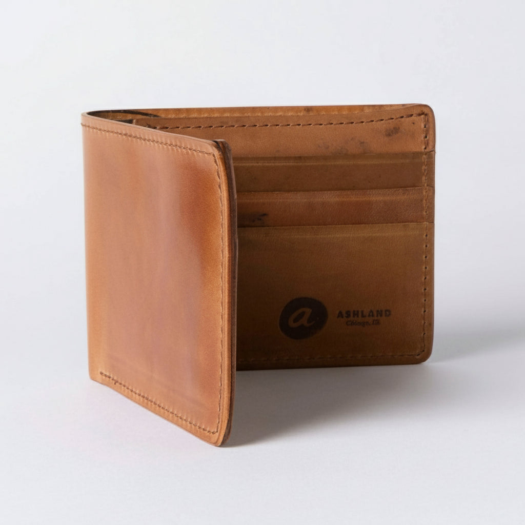 Brown leather wallet with Ashland logo on a white background