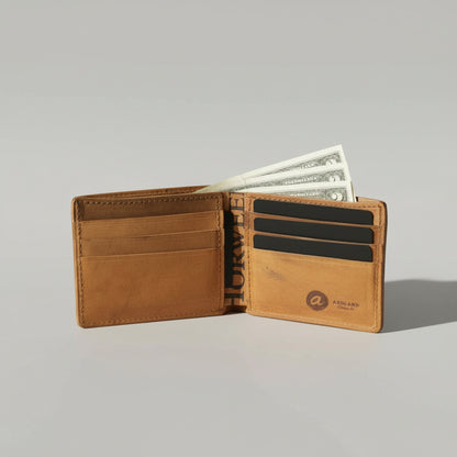 Brown leather wallet with money on a light gray background