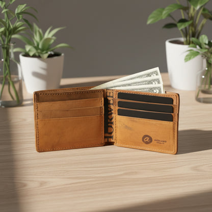 Open brown leather wallet with money and cards on a wooden surface with plants in the background