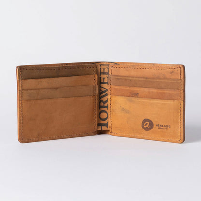 Brown leather wallet with visible branding on a white background