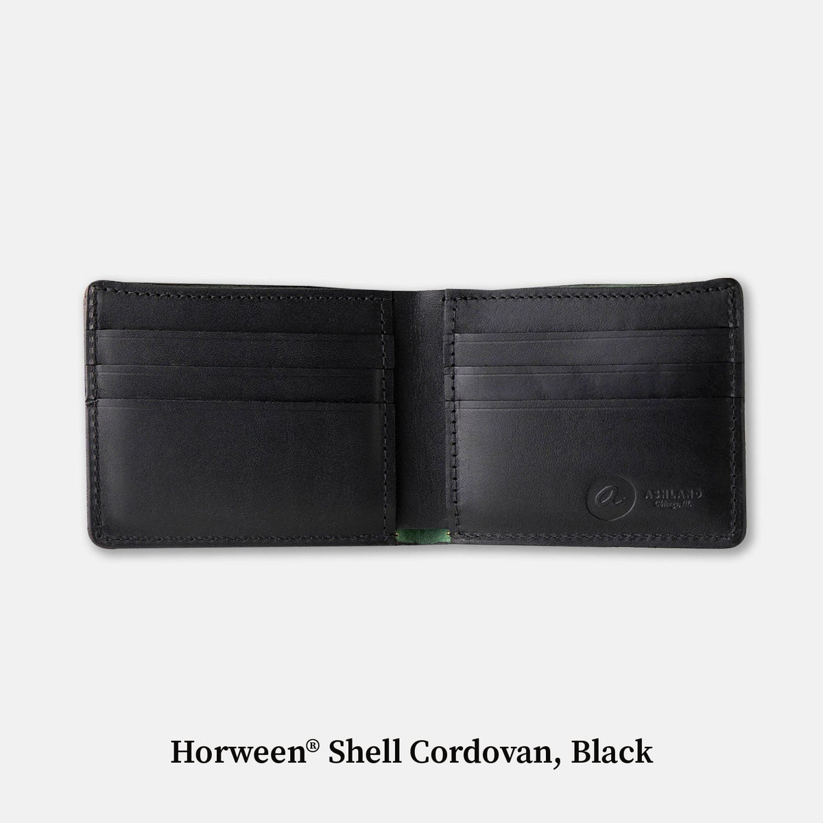 Open Johnny the Fox bifold wallet in black Horween® Shell Cordovan