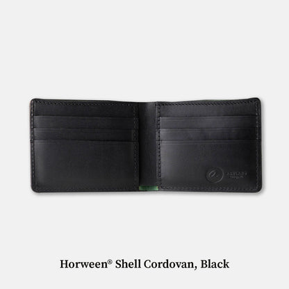 Open Johnny the Fox bifold wallet in black Horween® Shell Cordovan