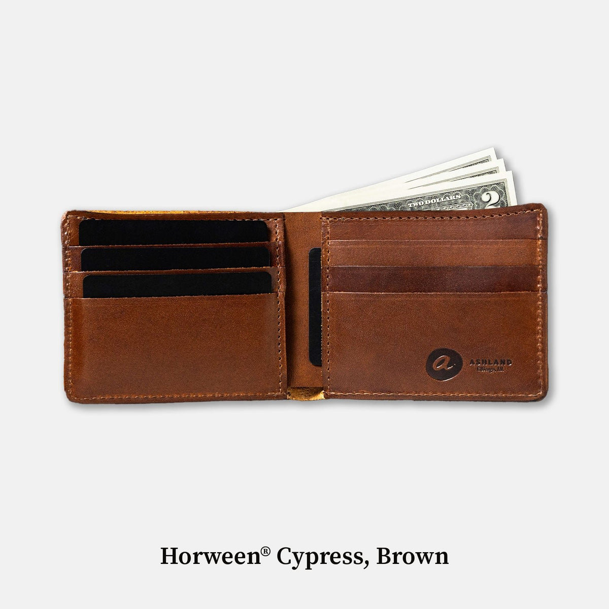 Open Johnny the Fox bifold wallet in brown Horween® Cypress leather