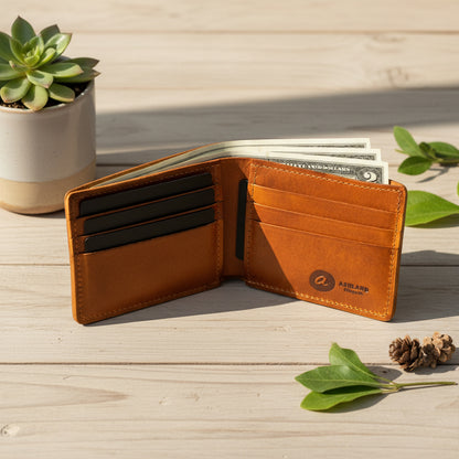 Brown leather wallet with card slots on a white background