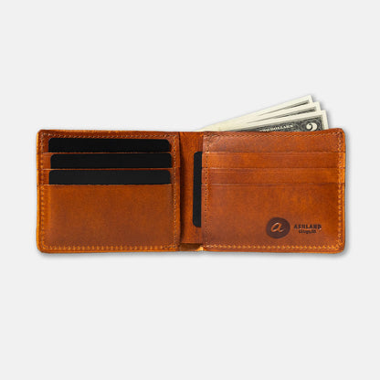 Brown leather wallet with money and cards on white background