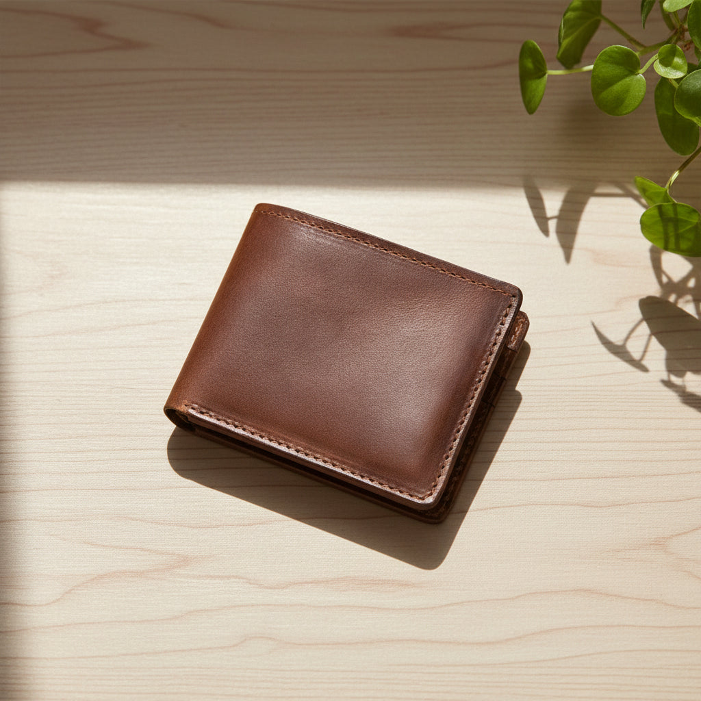 Brown Johnny the Fox leather wallet on a light wooden surface with a plant in the corner
