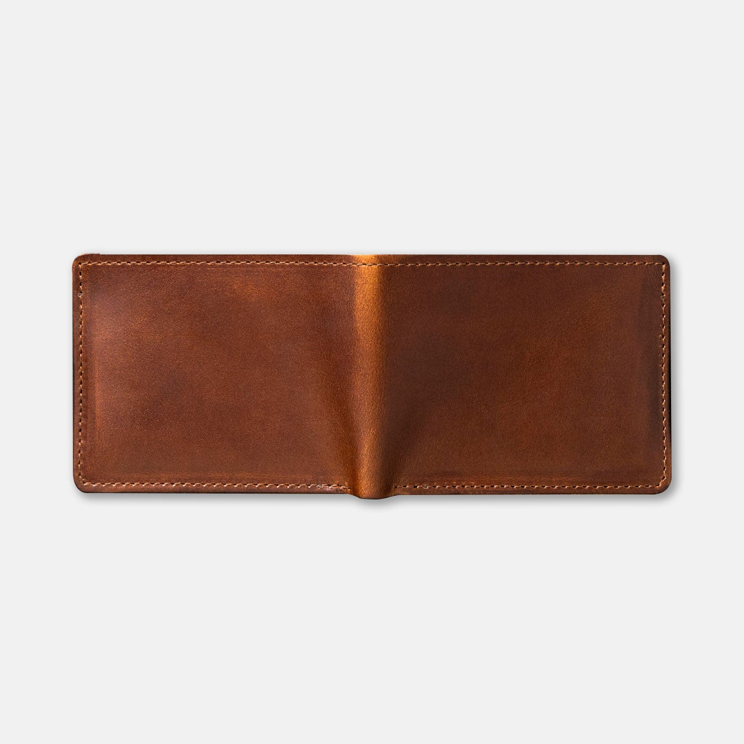 Johnny the Fox wallet laying flat open on white table, showing cover stitching details