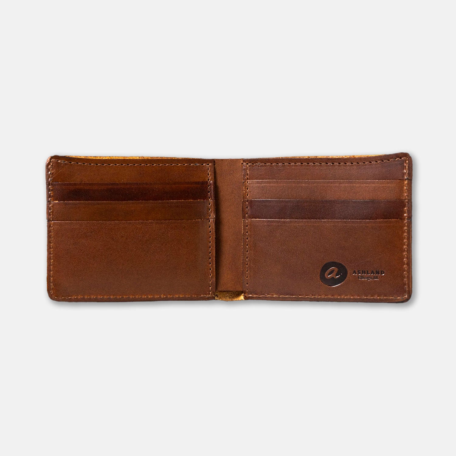 Brown leather wallet open on a white background, open showing interior compartment details