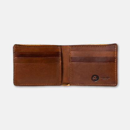 Brown leather wallet open on a white background, open showing interior compartment details
