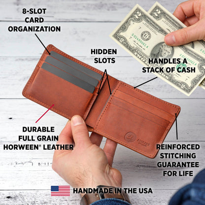 Feature callouts on Johnny the Fox: Card slots, cash compartment, lifetime guarantee, handmade in the U.S.A