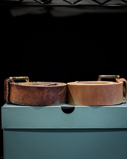 Horween® Chromexcel® leather belt after 6 years of daily wear, next to a new natural Chromexcel® belt, Ashland Leather