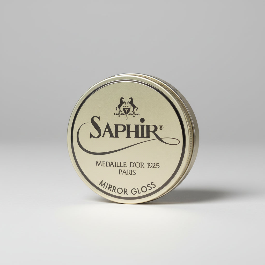 Saphir Mirror Gloss tin on a gray background