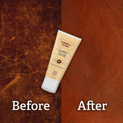 Image showing worn, scarred leather on the left and smooth, supple, repaired leather on the right (before and after) Tanner's Blend Leather Cleaner used.