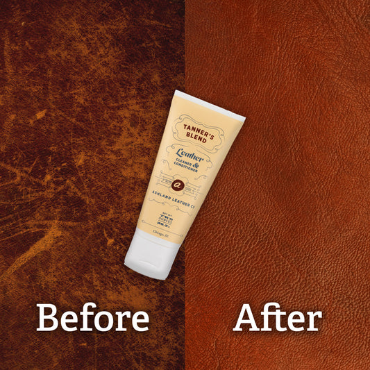 Image showing worn, scarred leather on the left and smooth, supple, repaired leather on the right (before and after) Tanner's Blend Leather Cleaner used.